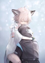  1girl 1other absurdres ahoge animal_ears arknights closed_eyes doctor_(arknights) fox_ears fox_tail genjaku gloves highres hood hug sussurro_(arknights) tail white_gloves 
