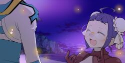  1boy 1girl :d ahoge arch_bishop_(ragnarok_online) beach blue_shirt blunt_bangs blush brown_gloves bun_cover cliff closed_eyes commentary_request double_bun fireflies glasses gloves hair_bun iyofika jacket merchant_(ragnarok_online) night ocean open_mouth outdoors purple_hair purple_sky ragnarok_online rimless_eyewear shirt short_bangs short_hair sky smile solo_focus water white_jacket 