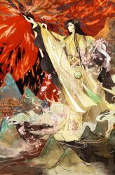  1boy architecture black_hair boat brown_sash cape cherry_blossoms chinese_clothes chinese_commentary closed_mouth commission corsage east_asian_architecture expressionless falling_flower flower full_body gate hair_ornament hairclip hand_up hanfu heavenly_white_(the_tale_of_food) highres holding holding_flower house huai_xu_sapling long_hair long_sleeves looking_at_viewer male_focus mountain outstretched_arm parted_bangs pink_flower red_sky river robe sash side_part sideways_glance sky smoke solo spirit standing sweater_guard tassel the_tale_of_food very_long_hair waist_sash watercraft wide_sleeves yaopei yellow_cape yellow_eyes yellow_hanfu yellow_robe 