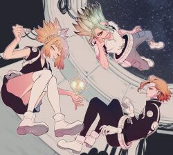  1girl 2boys belt black_dress black_pants black_shirt blonde_hair character_name choker cigarette closed_eyes denim dr._stone dress drink_carton drinking eating floating food full_body gloves gradient_hair green_hair highres holding ishigami_senkuu jeans juice juice_box knees_together_feet_apart knees_up kohaku_(dr._stone) light_blush long_sleeves mouth_hold multicolored_hair multiple_boys ninomae_gin orange_hair over-kneehighs pants ponytail shirt shoes short_sleeves sidelocks signature sitting smile space spiky_hair stanley_snyder_(dr.stone) star_(sky) t-shirt thigh-highs white_belt white_choker white_gloves white_shirt white_thighhighs 