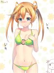  2girls abukuma_(kantai_collection) anger_vein bare_legs bare_shoulders bikini blue_eyes breasts cowboy_shot double_bun green_bikini hair_rings jiiwara kantai_collection long_hair multiple_girls navel o-ring_top ooi_(kantai_collection) orange_hair swimsuit twintails twitter_username 