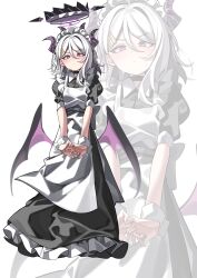  1girl absurdres ahoge alternate_costume apron black_dress blue_archive blush demon_girl demon_horns demon_wings dress enmaided frilled_dress frills full_body furrowed_brow hair_between_eyes hair_ornament hairclip halo highres hina_(blue_archive) horns looking_at_viewer maid maid_apron maid_headdress medium_hair multiple_horns own_hands_together puffy_short_sleeves puffy_sleeves rirua_(kjom802) short_sleeves small_sweatdrop solo standing v_arms violet_eyes white_apron white_hair white_wrist_cuffs wings wrist_cuffs zoom_layer 