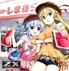  2girls aqua_eyes aqua_tank_top bag black_shorts blonde_hair blue_hair building copyright_logo copyright_name dress fashion_center_shimamura fujima_takuya grabbing_another's_arm hair_between_eyes hat holding holding_bag kagamihara_azumi logo long_hair looking_at_viewer multiple_girls official_art open_mouth orange_shirt pink_dress plastic_bag red_eyes rigel_(z/x) shirt shopping_bag short_shorts shorts shoulder_bag tank_top window z/x 