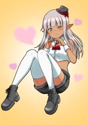  1girl absurdres ascot bare_shoulders black_boots black_hat black_shorts blue_eyes blunt_bangs blush boots closed_mouth crop_top dark-skinned_female dark_elf dark_skin elf gradient_background grey_hair half-closed_eye hat heart heart_hands highres karla_(kono_healer_mendokusai) kono_healer_mendokusai long_hair looking_at_viewer midriff mini_hat official_art pointy_ears red_ascot shirt short_shorts shorts sleeveless sleeveless_shirt solo stomach tannen_ni_hakkou thigh-highs top_hat uneven_eyes white_shirt white_thighhighs white_wrist_cuffs wrist_cuffs yellow_background 
