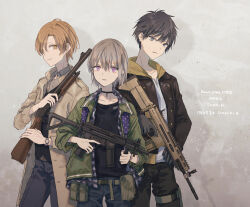  3boys artist_name assault_rifle bad_id bad_pixiv_id belt belt_pouch black_choker black_jacket black_pants black_shirt black_vest blonde_hair brown_belt brown_coat brown_hair buttons choker closed_mouth coat collarbone collared_shirt copyright_request cowboy_shot dated earrings fn_scar green_jacket grey_background grey_eyes grey_hair gun h&amp;k_mp5k hair_between_eyes holding holding_gun holding_weapon jacket jewelry long_sleeves looking_at_viewer multiple_boys open_clothes open_coat open_jacket pants parted_bangs parted_lips pouch pump_action remington_870 rifle shirt shoden shotgun smile standing stud_earrings submachine_gun thigh_strap vest violet_eyes waistcoat weapon white_shirt yellow_eyes 