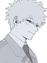  1boy bakugou_katsuki boku_no_hero_academia collared_shirt from_side greyscale highres jacket lapels looking_to_the_side male_focus monochrome necktie notched_lapels oez875 scar scar_on_cheek scar_on_face school_uniform shirt short_hair sideways_glance simple_background solo spiky_hair u.a._school_uniform upper_body white_background wing_collar 