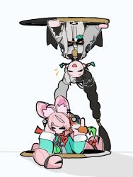  2girls animal_ear_fluff animal_ears black_hair blush braid braided_twintails carrot chinese_clothes closed_eyes commentary dialyn_(zenless_zone_zero) ear_piercing earrings english_commentary furry furry_female green_shirt hair_extensions head_rest highres holding holding_carrot jewelry kba_000 long_hair multicolored_hair multiple_girls necktie notice_lines open_mouth piercing pink_fur pink_hair portal_(object) rabbit_ears rabbit_girl ring_hair_extensions shirt short_eyebrows simple_background split-color_hair thick_eyebrows through_portal upper_body upside-down white_background white_hair yellow_necktie zenless_zone_zero zhao_(zenless_zone_zero) 