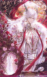  1boy absurdres belt black_belt black_horns border brooch cape chinese_commentary circlet closed_mouth coat collared_coat corsage cowboy_shot curtained_hair dragon dragon_boy dragon_horns dragon_wings dress ear_covers empire_waist fabric falling_petals field flower flower_field fur-trimmed_cape fur_trim gem gold_trim gown highres horns jewelry juliet_sleeves lapels long_dress long_hair long_sleeves looking_at_viewer love_and_deepspace male_focus mannequin neck_ribbon ornate_border padded_shirt parted_bangs pearl_(gemstone) petals pink_flower pink_rose puffy_sleeves purple_flower red_eyes red_flower red_gemstone red_ribbon red_rose red_scarf red_wings ribbon rose scarf shirt sideways_glance smile snow234 solo standing stole sylus_(love_and_deepspace) thistle unworn_dress vest watermark weibo_watermark white_cape white_coat white_dress white_hair white_shirt white_vest wing_brooch wings 