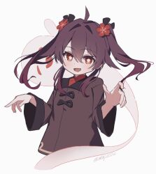  1girl :d aged_down ahoge blush boo_tao_(genshin_impact) brown_hair brown_shirt chinese_clothes collared_shirt commentary flower flower-shaped_pupils genshin_impact ghost hair_between_eyes hair_flower hair_ornament hands_up highres hu_tao_(genshin_impact) long_hair long_sleeves looking_at_viewer ninji665102 open_mouth plum_blossoms red_eyes red_flower shirt simple_background smile solo symbol-shaped_pupils twintails twitter_username upper_body white_background wide_sleeves 