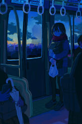  1girl 2boys 2girls backpack bag cellphone cityscape dark dawn hand_grip highres holding holding_bag holding_phone leggings morning multiple_boys multiple_girls oimoti_tn original phone plastic_bag red_scarf scarf shoes skirt smartphone solo solo_focus standing train_interior umbrella 