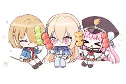  >_< 3girls :d :q blonde_hair blue_capelet blue_cloak blue_jacket blunt_bangs blush brown_skirt bun_cover cape capelet chibi chibi_only cloak closed_eyes closed_mouth dango double_bun eating food hair_between_eyes hair_bun hair_ornament hair_over_one_eye hairclip hat heaven_burns_red holding holding_food holding_ice_cream holding_stick hood ice_cream jacket kayamori_ruka kunimi_tama licking_lips long_hair long_sleeves looking_at_another looking_at_food milchu miniskirt multiple_girls neckerchief necktie one_eye_covered open_clothes open_jacket open_mouth pantyhose peaked_cap pink_eyes pink_hair pleated_skirt red_neckerchief red_necktie ribbon sailor_hat sanshoku_dango school_uniform shirakawa_yuina shirt short_hair sidelocks simple_background sitting skewer skirt smile socks stick thigh-highs tongue tongue_out two_side_up very_long_hair wagashi white_background white_capelet white_pantyhose white_shirt white_skirt white_thighhighs 