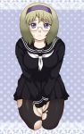  blue_eyes blush copyright_request glasses hairband pantyhose short_hair solo tetsuwan_syoujo torn_clothes torn_pantyhose 