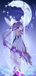  1girl absurdres backless_outfit beibeishanfeng broken_moon bug butterfly castorice_(honkai:_star_rail) chinese_commentary commentary_request dress elbow_gloves facing_away flower full_body gloves high_heels highres honkai:_star_rail honkai_(series) long_hair looking_at_viewer looking_back moon outdoors pantyhose purple_butterfly purple_dress purple_flower purple_gloves purple_hair purple_sky single_glove sky solo tiara two-tone_dress very_long_hair walking white_dress white_pantyhose 