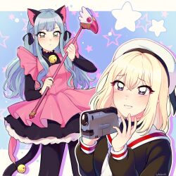  2girls animal_ears artist_name bang_dream! bang_dream!_it's_mygo!!!!! bell blonde_hair blue_background blue_hair bulkobon camcorder camera cardcaptor_sakura cat_ears cat_girl cat_tail cosplay daidouji_tomoyo daidouji_tomoyo_(cosplay) hat highres holding holding_camera holding_scepter jingle_bell kemonomimi_mode kinomoto_sakura kinomoto_sakura_(cosplay) kinomoto_sakura_(kitty) long_hair medium_hair misumi_uika multiple_girls pantyhose sailor_collar sailor_hat scepter simple_background skirt smile star_(symbol) tail togawa_sakiko video_camera violet_eyes yellow_eyes yuri 