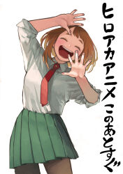  1girl boku_no_hero_academia brown_hair closed_eyes collared_shirt commentary_request cowboy_shot facing_viewer green_skirt hands_up highres horikoshi_kouhei necktie official_art open_mouth pantyhose pleated_skirt red_necktie school_uniform shirt short_hair simple_background skirt smile solo teeth translation_request u.a._school_uniform upper_teeth_only uraraka_ochaco white_background white_shirt 