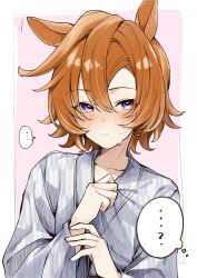  ... 1girl ? amano_(amano_miko) animal_ears bath_yukata blush closed_mouth collarbone grey_kimono hair_between_eyes highres horse_ears horse_girl japanese_clothes kimono long_sleeves looking_at_viewer orange_hair short_hair solo speech_bubble spoken_ellipsis spoken_question_mark t.m._opera_o_(umamusume) umamusume upper_body violet_eyes yukata 