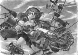  1girl bike_shorts blush commentary_request etorofu_(kancolle) graphite_(medium) greyscale gun hat highres holding holding_gun holding_weapon irogawara_naomitu kantai_collection monochrome open_mouth outdoors rigging sailor_hat school_uniform serafuku short_hair skirt sky solo traditional_media weapon 