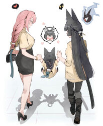  3girls absurdres alternate_costume animal_ear_fluff animal_ears bag black_bag black_hair black_pants black_shoes black_skirt blue_ribbon blush bracelet brown_jacket brown_shirt checkered_floor closed_eyes commentary dailymiyanagi earrings english_commentary family fox_ears fox_girl from_behind full_body glasses heart highres holding holding_bag holding_hands holding_sword holding_weapon hoshimi_miyabi if_they_mated jacket jewelry long_hair looking_at_another mother_and_daughter multiple_girls open_mouth pants pencil_skirt pink_hair ribbon ring_hair_ornament shadow sheath shirt shoes simple_background skirt sleeves_rolled_up spoken_character spoken_heart spoken_sparkle sword tailless_(zenless_zone_zero) tsukishiro_yanagi weapon white_background zenless_zone_zero 