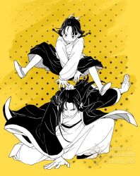  1boy 1girl beads black_hair black_skirt blunt_bangs bun_cover chara_no7 chinese_clothes closed_mouth flats freckles full_body hair_beads hair_bun hair_ornament hair_ribbon half_updo jinshi_(kusuriya_no_hitorigoto) jumping kusuriya_no_hitorigoto leap_frog long_skirt lunging maomao_(kusuriya_no_hitorigoto) monochrome parted_bangs ribbon shirt sidelocks skirt smile twitter_username white_shirt yellow_background 