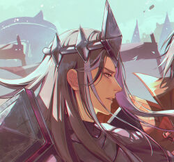  1boy armor black_armor black_hair black_shirt chinese_commentary cookie_run cookie_run:_kingdom dark-skinned_male dark_cacao_cookie dark_skin day flag humanization long_hair looking_at_another looking_to_the_side male_focus multicolored_hair parted_bangs parted_lips pauldrons pointed_crown portrait profile shengyue shirt shoulder_armor solo streaked_hair turtleneck turtleneck_shirt violet_eyes white_hair 