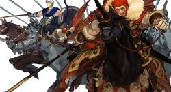  1girl 2boys absurdres armor barding beard black_hair braid braided_ponytail bridle cape cloak facial_hair fate/grand_order fate_(series) fur-trimmed_cape fur_trim hephaestion_(fate) highres holding holding_reins horse horseback_riding iskandar_(fate) long_hair mature_male multiple_boys muscular muscular_male open_mouth ptolemy_(fate) ptolemy_(first_ascension)_(fate) red_eyes red_hair reins riding saddle short_hair simple_background smile white_background white_hair yorurokujuu 