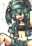  absurdres casual closed_eyes contemporary eyes_closed gloves goggles hand_on_goggles highres jacket kawashiro_nitori midriff navel open_mouth panties pantyshot shorts sleeves_rolled_up smile solo sports_bra striped striped_panties syugo_kagami touhou unbuttoned underwear 