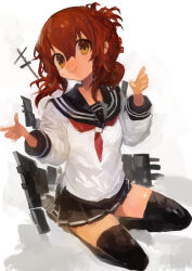  1girl absurdres alternate_legwear anchor_symbol black_sailor_collar black_skirt black_thighhighs blush brown_eyes brown_hair folded_ponytail highres inazuma_(kancolle) kaamin_(mariarose753) kantai_collection long_hair long_sleeves mast neckerchief pleated_skirt rigging sailor_collar school_uniform serafuku shield ship_turret sitting skirt smile smokestack solo thigh-highs torpedo torpedo_launcher torpedo_tubes wariza 