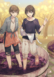 2boys :d apron artist_name bad_id bad_pixiv_id barefoot black_shirt black_shorts blue_eyes blue_jacket bracelet brown_eyes brown_hair bucket collarbone copyright_request dated day denim denim_jacket dirty dirty_feet food fruit full_body grape_stomping grapes highres jacket jewelry looking_at_another male_focus multiple_boys necklace open_mouth orange_apron outdoors shirt shoden short_hair shorts sleeves_rolled_up smile standing stomping three-quarter_sleeves torn_clothes torn_shorts tree white_apron white_shirt white_shorts 