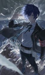  1boy ahoge arinnixxx1103 arm_at_side armband beach bird black_jacket black_pants black_ribbon blue_hair blue_shoes commentary digital_walkman dress_shirt earphones finger_gun finger_gun_to_head foreshortening grey_eyes hair_over_one_eye half-closed_eye hand_up hashtag-only_commentary highres holster jacket long_sleeves looking_at_viewer male_focus mp3_player one_eye_covered outdoors pants parted_lips persona persona_3 red_armband ribbon s.e.e.s shirt shoes short_hair solo standing walkman_nw-s203f water waves white_bird white_shirt wing_collar yuuki_makoto_(persona_3) 
