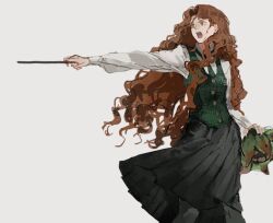 1girl black_skirt black_thighhighs blue_eyes collared_shirt cowboy_shot floating_hair green_necktie green_vest gynger_edventray_(hiiragimare) hiiragimare hogwarts_legacy hogwarts_school_uniform holding holding_plant holding_wand long_hair necktie open_mouth original plant pointing pointing_to_the_side red_hair school_uniform shirt simple_background skirt slytherin solo thigh-highs vest wand wavy_hair white_background white_shirt wizarding_world 