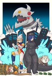  3boys absurdres aigis_(persona) anguirus anguirus_(cosplay) animal artist_name black_hair blonde_hair blue_eyes blue_hair building commentary commission cosplay costume crossover dog english_commentary godzilla godzilla_(cosplay) godzilla_(series) grey_dog highres horns jet_jaguar jet_jaguar_(cosplay) koromaru_(persona) lizard_tail mechagodzilla mechagodzilla_(cosplay) megalon megalon_(cosplay) military_vehicle mochizuki_ryouji motor_vehicle multiple_boys open_mouth persona persona_3 raydango short_hair single_horn tail tank thanatos_(persona) tongue tongue_out yuuki_makoto_(persona_3) 