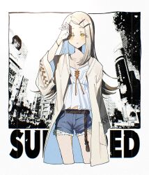  1girl blonde_hair blue_shorts camisole colored_eyelashes cowboy_shot cropped_legs denim denim_shorts flipped_hair gakuen_idolmaster hair_ornament hairclip half-closed_eye hand_up highres idolmaster long_hair long_sleeves looking_at_viewer messiah_go orange_eyes parallel_hairclips rope_belt shinosawa_hiro short_shorts shorts solo song_name standing sunfaded_(idolmaster) white_camisole 