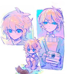  1boy alternate_costume antenna_hair basil_(birthday)_(omori) basil_(faraway)_(omori) basil_(omori) blonde_hair blue_eyes blush camera cardigan cat chibi closed_mouth collared_shirt double-parted_bangs flower green_cardigan hair_between_eyes hair_flower hair_ornament highres hinshi_hp0 holding holding_camera long_sleeves looking_at_viewer male_focus omori shirt short_hair sidelocks smile solo white_shirt 