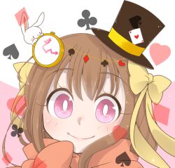  1girl ace_(playing_card) ace_of_hearts arch_bishop_(ragnarok_online) blush bow bright_pupils brown_hair brown_hat card closed_mouth club_(shape) commentary_request diamond_(shape) hair_bow hat heart long_hair looking_at_viewer mini_hat mini_top_hat oekakipikki pink_background pink_eyes pink_scarf playing_card portrait rabbit ragnarok_online scarf smile solo spade_(shape) top_hat two-tone_background white_background white_pupils yellow_bow 