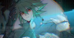  15290575900 1boy aotu_world black_gloves black_jacket black_shirt cat chinese_commentary closed_mouth crop_top felis_(aotu_world) gloves green_hair hair_between_eyes halo hand_up high_collar highres jacket jewelry long_hair long_sleeves looking_at_viewer low_ponytail male_focus multicolored_eyes multiple_rings pointy_ears ponytail red_eyes ring shirt solo_focus spiky_hair upper_body watermark xander_(aotu_world) yellow_eyes 