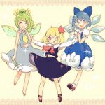  :d :q ^_^ alternate_costume barefoot blonde_hair cirno closed_eyes daiyousei dress fairy_wars flower hair_flower hair_ornament hand_on_own_chest hand_to_chest multiple_girls no_nose open_mouth outstretched_arms rumia siting_zeng smile sparkle spread_arms tongue touhou wings wink youkai 