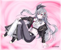 1girl :o absurdres bare_shoulders belt black_bow black_footwear black_jacket clothing_cutout cutout floating_hair grey_hair grey_legwear hair_bow hair_ornament hairclip half_updo hand_on_knee hand_on_own_knee highres hololive isaki_riona jacket_partially_removed large_bow long_hair looking_at_viewer miya_kyouhei nail_polish necklace pink_background red_eyes side_ponytail solo stomach virtual_youtuber white_shirt
