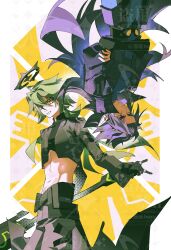  2boys abs absurdres aotu_world belt black_belt black_cape black_gloves black_jacket black_pants black_shirt cape chinese_commentary closed_mouth crop_top cropped_jacket fingerless_gloves gloves green_hair grey_pants grin hair_between_eyes halo highres holding holding_sword holding_weapon implied_yaoi jacket jewelry long_hair long_sleeves looking_at_viewer low_ponytail male_focus midriff multicolored_eyes multiple_boys multiple_rings navel nekoboxy pants parted_lips pointy_ears ponytail purple_hair red_eyes reg_(aotu_world) ring shirt smile sword upside-down very_long_hair violet_eyes waist_cape watermark watermark_grid weapon wings xander_(aotu_world) yellow_eyes 