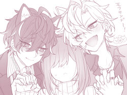  1girl 2525muto 2boys :< ;d ahoge animal_ear_fluff animal_ears asymmetrical_bangs bags_under_eyes boy_sandwich collarbone collared_shirt commentary_request curtained_hair dog_boy dog_ears earrings extra_ears facing_viewer fang fingernails flower_earrings grin hair_between_eyes holding_hands hypnosis_mic izanami_hifumi jacket jewelry kannonzaka_doppo kemonomimi_mode long_sleeves looking_at_another medium_hair monochrome multicolored_hair multiple_boys multiple_rings necklace necktie no_eyes one_eye_closed open_mouth partially_unbuttoned pink_theme pinstripe_pattern pinstripe_shirt portrait raised_inner_eyebrows ribbed_sweater ring sandwiched shirt short_hair simple_background sleeves_past_wrists small_sweatdrop smile streaked_hair suit_jacket sweater swept_bangs thumb_ring translation_request turtleneck turtleneck_sweater twitter_username v-shaped_eyebrows viewer_self-insert wavy_hair white_background 