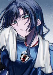 1girl adidas ado_(utaite) blue_eyes blue_hair blue_shirt chando_(ado) commentary from_above hashtag-only_commentary highres layered_sleeves long_hair long_sleeves mole mole_under_eye oyashirazu_(adochan_daisuki) parted_lips shirt short_over_long_sleeves short_sleeves solo sweat towel upper_body wiping_sweat 