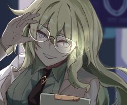  1girl adjusting_eyewear black_necktie breasts coat collared_shirt commentary glasses green_shorts h3_hk highres holding holding_notepad honkai_(series) honkai_impact_3rd lab_coat large_breasts looking_at_viewer mobius_(honkai_impact) mobius_(pre-surgery)_(honkai_impact) necktie notepad shirt shorts slit_pupils smile solo symbol-only_commentary upper_body white_coat 