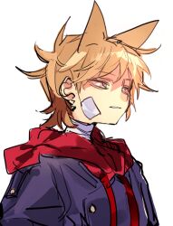  1boy animification bad_id bad_twitter_id bandage_on_face bandaged_neck bandages blue_coat brown_hair buttons coat eddsworld from_side future_tord_(eddsworld) hair_ears hood hood_down hoodie inactive_account jitome male_focus nana_(ebitokanimiso) painttool_sai_(medium) profile short_hair simple_background sketch solo tord_(eddsworld) upper_body white_background 