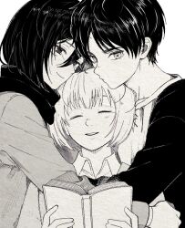  1girl 2boys 5nd_0mc armin_arlert arms_around_neck black_hair black_jacket book closed_eyes collared_shirt eren_yeager greyscale hair_between_eyes highres holding holding_book jacket light_blush mikasa_ackerman monochrome multiple_boys parted_bangs parted_lips scar scar_on_cheek scar_on_face scarf shingeki_no_kyojin shirt short_hair smile white_background white_shirt 