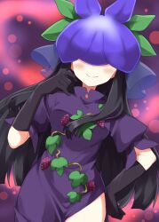  1girl black_gloves black_hair blunt_ends blurry blurry_background blush closed_mouth commentary_request cowboy_shot dress facing_viewer floral_print flower flower_on_head gloves hand_on_own_hip hand_up highres long_hair print_dress purple_background purple_dress purple_flower ruu_(tksymkw) short_sleeves smile solo touhou yomotsu_hisami 