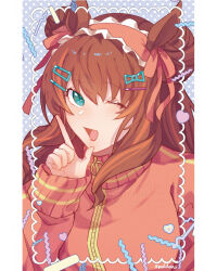  1girl alternate_costume animal_ears blue_eyes blush breasts brown_hair double_bun green_eyes hair_between_eyes hair_bun hair_ornament hairclip headband heart horse_ears horse_girl jacket jersey_maid long_hair long_sleeves looking_at_viewer maid maid_headdress maruzensky_(umamusume) one_eye_closed open_mouth orange_headband orange_jacket puddeins smile solo track_jacket umamusume umamusume:_cinderella_gray unconventional_maid upper_body 