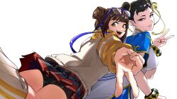  2girls absurdres bike_shorts blue-framed_eyewear bracelet breasts brown_eyes brown_hair china_dress chinese_clothes chun-li dapenpan double_bun dress earrings eyewear_on_head from_behind gold_trim hair_bun hair_ribbon highres jacket jewelry li-fen multiple_girls open_mouth plaid_clothes plaid_skirt pleated_skirt ribbon short_hair skirt smile street_fighter street_fighter_6 v white_background yellow_ribbon 