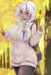  1girl alternate_costume bag black_nails black_pantyhose blush breasts brown_eyes commentary_request dark-skinned_female dark_skin dated day dress glasses grey_hair hair_between_eyes highres jewelry kantai_collection large_breasts leaf long_hair looking_at_viewer mashiro_yukiya musashi_(kancolle) musashi_kai_ni_(kancolle) outdoors pantyhose rectangular_eyewear ribbed_dress ring semi-rimless_eyewear shoulder_bag signature smile solo very_long_hair 