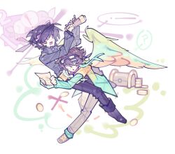  2boys ? animification aoerliangkaochipisa89963 aqua_eyes bird_boy bird_wings black_boots black_hair black_pants black_shirt blush_stickers boots bright_pupils brown_hair brown_pants brown_shoes chinese_commentary commentary_request goggles goggles_on_head headband holding holding_map humanization jacket long_sleeves looking_at_viewer male_focus map minecraft_youtube multicolored_jacket multiple_boys open_clothes open_jacket open_mouth pants parrot_boy parrotx2 purple_headband shirt shoes short_hair simple_background single_blush_sticker smile sneakers squinting treasure_chest violet_eyes white_background white_pupils wifies wings 