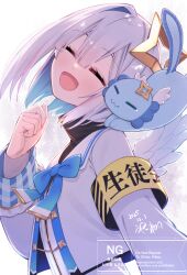  1girl amane_kanata amane_kanata_(1st_costume) angel_wings aqua_hair aqua_wings blue_bow blue_bowtie blue_trim blush bob_cut bow bowtie closed_eyes colored_inner_hair commentary_request facing_viewer feathered_wings gradient_wings halo hikawa_shou hololive long_sleeves mini_wings multicolored_hair multicolored_wings open_mouth pink_hair simple_background single_hair_intake smile star_halo upao_(amane_kanata) upper_body virtual_youtuber watermark white_background white_hair white_wings wings yellow_halo 