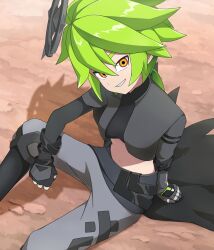  1girl aotu_world arm_strap belt black_belt black_boots black_cape black_gloves black_jacket black_shirt boots breasts cape crop_top cropped_jacket fang genderswap genderswap_(mtf) gloves green_hair grey_pants grin hair_between_eyes halo highres jacket jewelry knee_up long_hair long_sleeves looking_at_viewer low_ponytail medium_breasts midriff multicolored_eyes multiple_rings navel pants ponytail red_eyes ring shadow shirt sitting smile solo teeth user_kkya5245 waist_cape xander_(aotu_world) yellow_eyes 